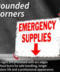 12 X 8 Inch Aluminum Emergency Supplies Directional Metal Sign Rugged Workhorse Built Tough Weatherproof Arrow Sign For Home, Garage, Warehouse, And Bunker With Easy Hanging Installation, rounded corners