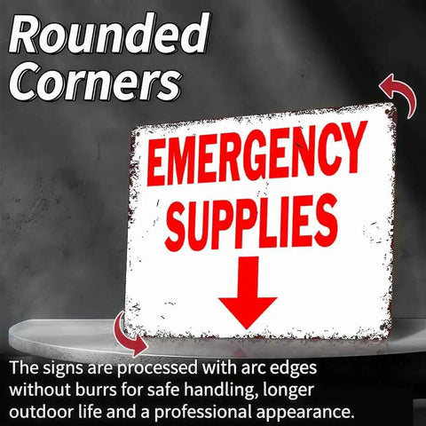 12 X 8 Inch Aluminum Emergency Supplies Directional Metal Sign Rugged Workhorse Built Tough Weatherproof Arrow Sign For Home, Garage, Warehouse, And Bunker With Easy Hanging Installation, rounded corners