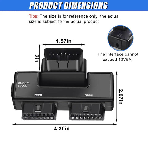 OBDII Splitter With Rotatable Male Port And Full 16 Pin Design showing dimensions and dual female connectors.