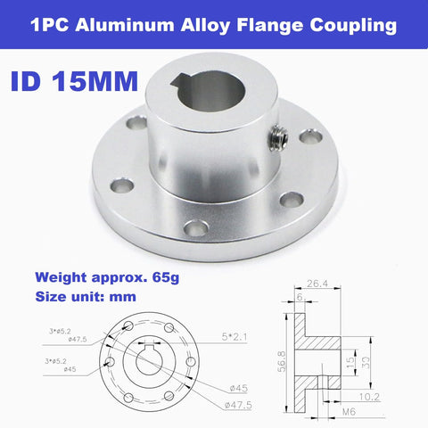 Diagram and photo of Aluminum Alloy Flange Coupling 15 mm Inner Diameter With Locking Key Slot For Motor To Wheel Shaft Connection.