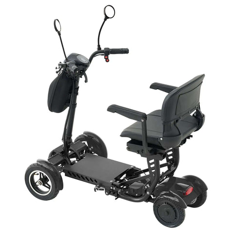 Side view of a 4-Wheel Foldable Electric Mobility Scooter For Adults And Seniors, All-Terrain Go-Anywhere Lightweight Ride in black.