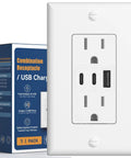Haul This Smooth Usb Wall Outlet With Two Type C And One Type A Ports For Reliable Six Amp Fast Charging To Keep Every Gadget Pumped Full Of Juice No Fuss Ever Just Install And Go In Classic White, showing the front and packaging.