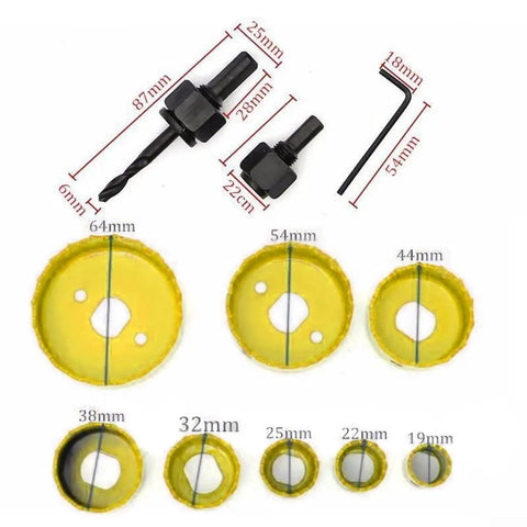 Heavy Duty 11 Piece Carbon Steel Hole Saw Set For Drilling Big Holes In Wood Metal Plastic And Sheet Alloy Fast Reliable Kit To Get The Job Done. 19-64mm hole saws with mandrel and hex key