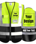 Hella High Visibility Safety Vest Featuring Fully Customizable Team Logos And Heavy Duty Reflective Strips Perfect For Construction Crews And Night Shifts, neon yellow with pockets.