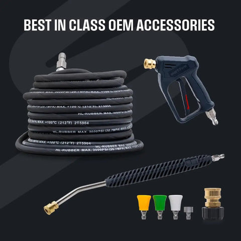 Electric Pressure Washer 2.0 GPM Full Kit With 1800 Peak PSI, hose, spray gun, and nozzles for DIY detailing and patio cleaning.