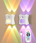 Motion Sensor Light Indoor with Remote, Rechargeable Wireless LED Sconce on wall with colorful lighting and remote.