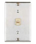 Front view of Stainless Steel Surface Mount Wall Plate For 6P4C Telephone Jack One Modular Screw Down Connection No Frills Durable Landline Wall Plate For Retro And Modern Homes