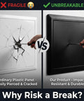 Comparison of fragile plastic panel with a cracked surface vs a durable black 32X32 Inch Aluminum Ceiling Access Panel For Drywall.