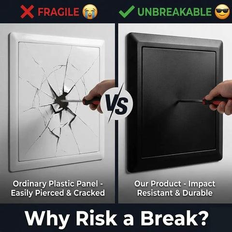 Comparison of fragile plastic panel with a cracked surface vs a durable black 32X32 Inch Aluminum Ceiling Access Panel For Drywall.