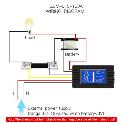 Wiring diagram for 9-In-1 DC Battery Monitor Meter 0-200V 0-100A Range With 12V/24V/48V RV Car Battery, LCD Backlit Display.