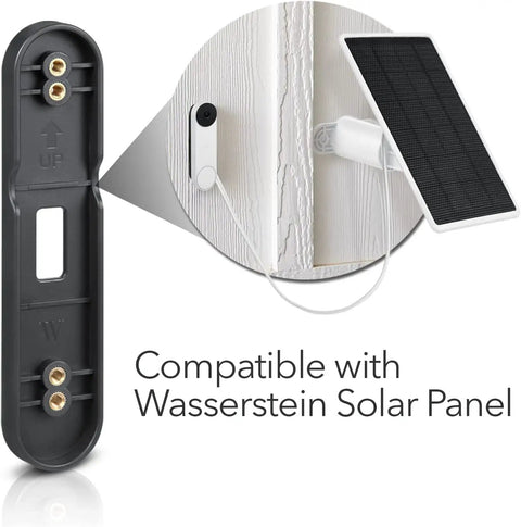 No Drill Doorbell Mount For Google Nest Doorbell Battery With Adhesive Wall Mount Easy Setup No Screws Damage Free Keeps Your Wall Clean And Your Nest Battery Secured shown with solar panel compatibility.