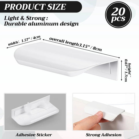 No Drill Self Adhesive Finger Pulls For Cabinets, 20 Pack, 3.15 Inch White, showing dimensions and adhesive backing