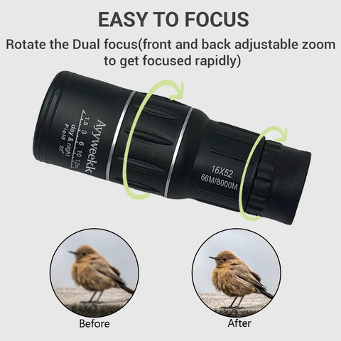 16X52 Monocular Telescope High Power HD With Dual Focus System Waterproof Spotting Scope in focus mode with bird images before and after