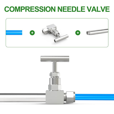 304 stainless steel compression needle valve with T-handle, 1/2 in. NPT female x 1/2 in. tube OD on blue tube.