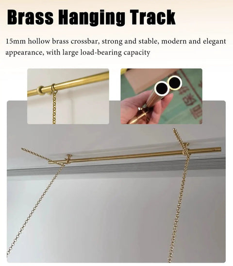 Adjustable Picture Rail Hanging System With Brass Chain Hooks No Damage Wall Track For Gallery Displays Metal Frame Hanger Kit Easy Setup For Home Decor And Museum Style Artwork Suspension Pole 150cm Long brass hanging track on wall
