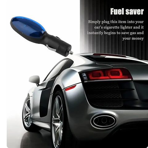 Plug In Fuel Saver for Cars and Diesel Vehicles Easy Gas Mileage Booster that Lets You Save More Fuel Instantly Works With Gas and Diesel Engines 1 Piece for All Vehicles, displayed with a sports car in the background.