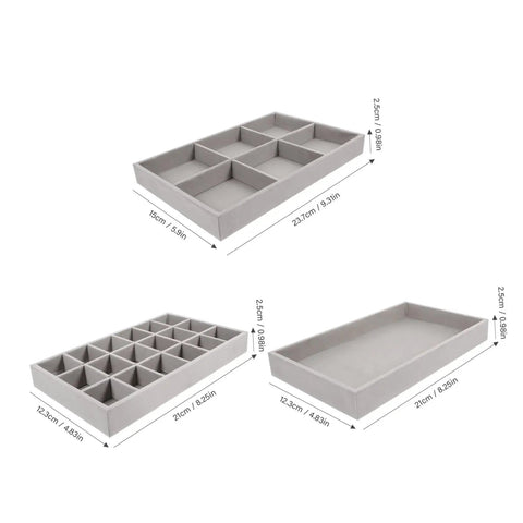 Sleek Three Piece Multi Compartment Jewelry Organizer Tray With Supple Velour Finish For Earrings Rings And Necklaces, grey trays.