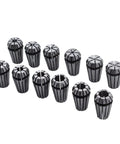 ER16 Spring Collet Set 1/32 To 3/8 Inch Carbon Steel For CNC Workholding Engraving And Milling Lathe Tools 12 Pack With Rock Solid Grip And Quick Clamp shown in a row.
