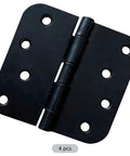 4 Pack 4 Inch Matte Black Metal Door Hinges For Interior Wood Doors With Five Eighths Inch Radius Corners, shown flat.