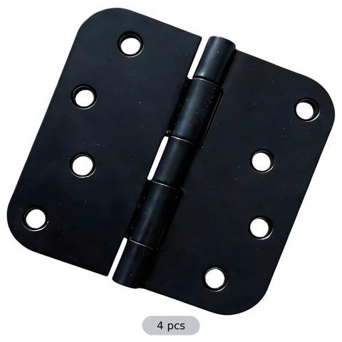 4 Pack 4 Inch Matte Black Metal Door Hinges For Interior Wood Doors With Five Eighths Inch Radius Corners, shown flat.