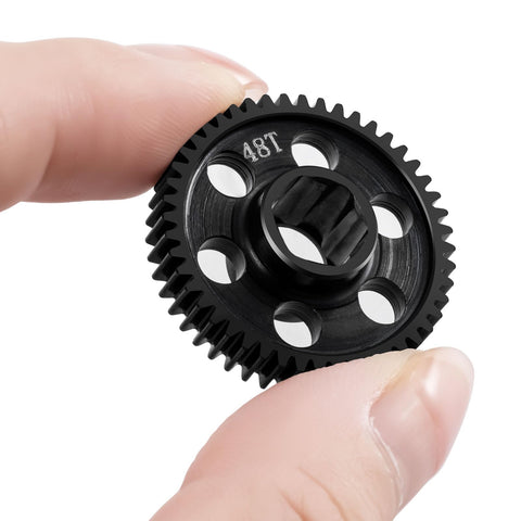 Steel Main Gear 0.5M 48T RC Spur Gear, black steel, close-up in hand, durable wear-resistant for Arrma Typhon Mini Mojave