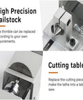 Tiny Powerhouse Mini Lathe For DIY Metal Wood Stone Projects showing high precision tailstock and cutting table for versatile use.