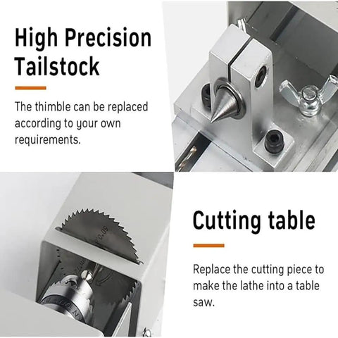 Tiny Powerhouse Mini Lathe For DIY Metal Wood Stone Projects showing high precision tailstock and cutting table for versatile use.