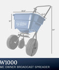 Heavy Duty Homeowner Broadcast Spreader With 65Lb Capacity And Powder Coated Steel Frame For Spreading Grass Seed Fertilizer And Ice Melt On Lawns And Driveways With Smooth Roll On Two 10 Inch Pneumatic Tires shown with dimensions