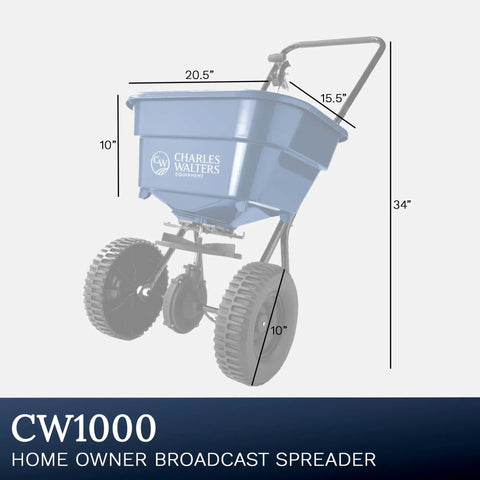 Heavy Duty Homeowner Broadcast Spreader With 65Lb Capacity And Powder Coated Steel Frame For Spreading Grass Seed Fertilizer And Ice Melt On Lawns And Driveways With Smooth Roll On Two 10 Inch Pneumatic Tires shown with dimensions