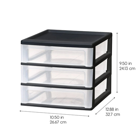 Stacking Desk Top 3 Drawer Storage Organizer, 2 Pack, Black, with clear drawers, dimensions 12.88x10.5x9.5 inches