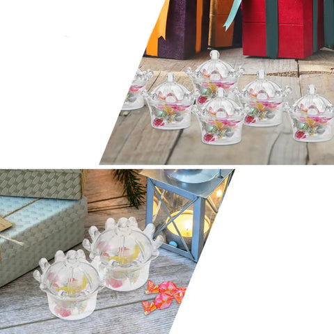 12 Pack Plastic Candy Packaging Boxes With Lids For Sweets And Snacks, Party Favor Boxes For Weddings On Wooden Table With Presents