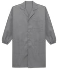 Premium Unisex Workwear Lab Coat Featuring Hella Tough Cotton Polyester Build For V Neck Button Front Closure And Ample Storage Pockets For Reliable Daily Wear In Sleek Gray.