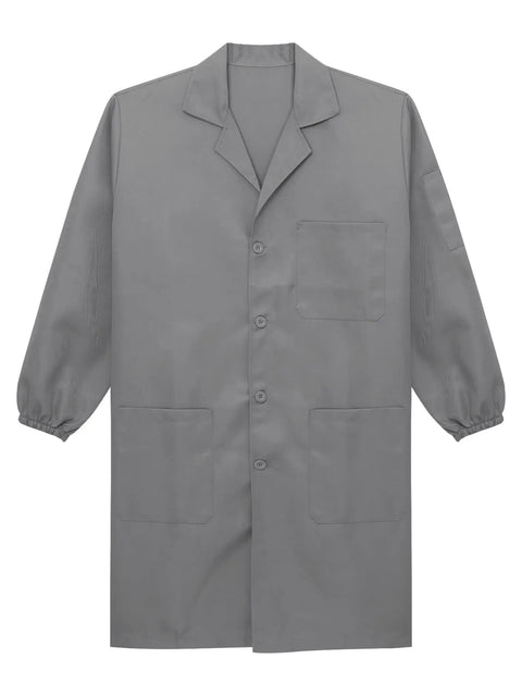 Premium Unisex Workwear Lab Coat Featuring Hella Tough Cotton Polyester Build For V Neck Button Front Closure And Ample Storage Pockets For Reliable Daily Wear In Sleek Gray.