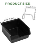 16 Pack Black Pegboard Bins With Metal Hooks Heavy Duty Plastic Storage Organizer showing bin and hook dimensions