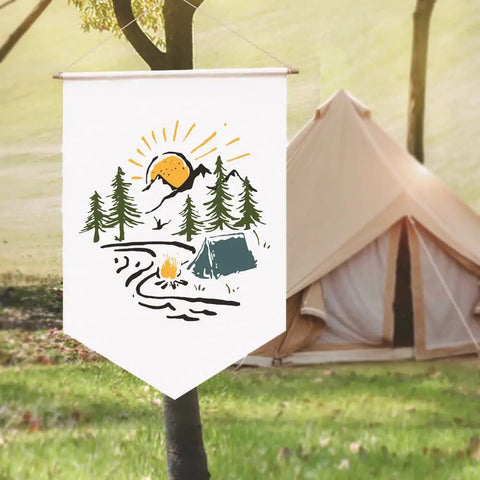 DIY Sublimation Blank Banner Set For Wall Display Waterproof Canvas Banners For Heat Transfer Printing featuring a camping scene design
