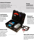 Heavy Duty Road Trip Ready 12 Volt Twin Motor Portable Air Compressor With Integrated Aluminum Tank And Quick Pressure Adjustments For Rugged Off Road And Truck Adventures in waterproof carrying case with accessories.