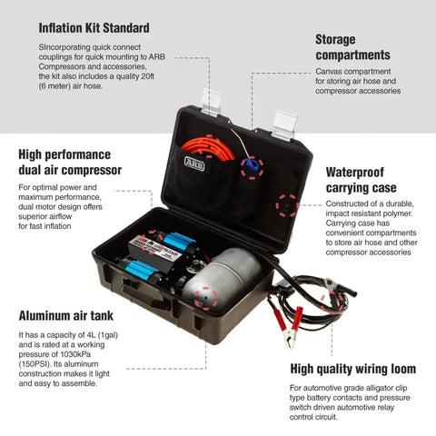 Heavy Duty Road Trip Ready 12 Volt Twin Motor Portable Air Compressor With Integrated Aluminum Tank And Quick Pressure Adjustments For Rugged Off Road And Truck Adventures in waterproof carrying case with accessories.