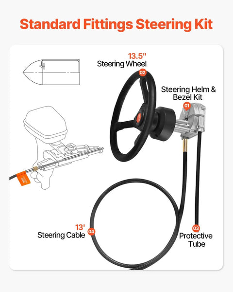 Pro Grade Alloy Marine Boat Steering System Kit With 13 Ft Steering Cable, 13.5 Inch Steering Wheel, 3/4 Inch Tapered Shaft, Rotary Steering For Yachts, Fishing Boats, And More