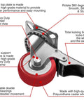8 Pack Swivel Plate Casters With Red Polyurethane Wheels 2 Inch Diameter Plate 50mm Hole Center 33mm Locking Brakes Optional Durable Heavy Duty Casters For Furniture Tools Equipment And Mobile Carts, highlighting single caster details including 360-degree rotation and locking brake.