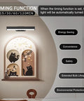Two Pack Battery Powered Picture Light LED Wall Light For Paintings With Remote Dimmable Frame Light Wireless Magnetic Timer For Artwork Portrait And Wall Decor Slick And Easy Setup installed above a framed cat artwork with timing function displayed.