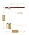 Slim Banker LED Desk Lamp In Wood And Brass Adjustable Arm Modern Table Light with brass base and adjustable wooden arm, labeled dimensions