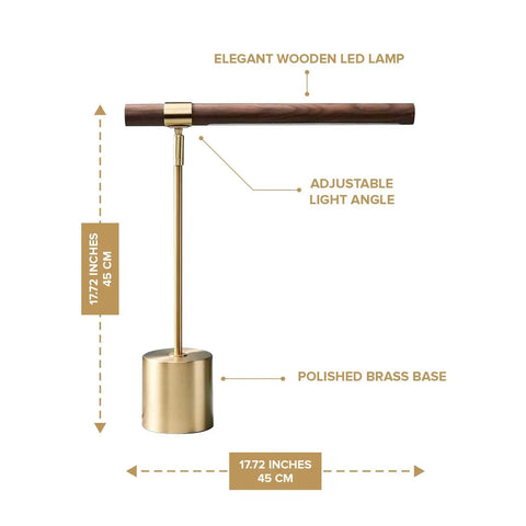 Slim Banker LED Desk Lamp In Wood And Brass Adjustable Arm Modern Table Light with brass base and adjustable wooden arm, labeled dimensions