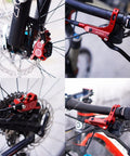Front view of red JFOYH 4-piston MTB hydraulic brake caliper with 160mm rotor on front fork
Side view of red JFOYH 4-piston MTB hydraulic brake lever and caliper mounted on handlebars
Rear view of red JFOYH 4-piston MTB hydraulic disc brake caliper with 160mm rotor
Installed view of red JFOYH 4-piston MTB hydraulic brake lever on handlebars with hose
