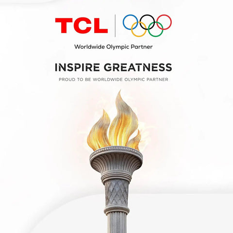 Olympic torch with TCL logo and Olympic rings, text 'Inspire Greatness', TCL as Worldwide Olympic Partner