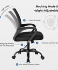 Side view of an Ergonomic Mid Back Mesh Office Chair With Lumbar Support All Day Comfort For Work From Home Height Adjustable Seat 360 Degree Swivel Rocking Mode Fixed Armrests Ideal For Computer Gaming Meetings Breathable Back Black showing rocking mode and height adjustment features.