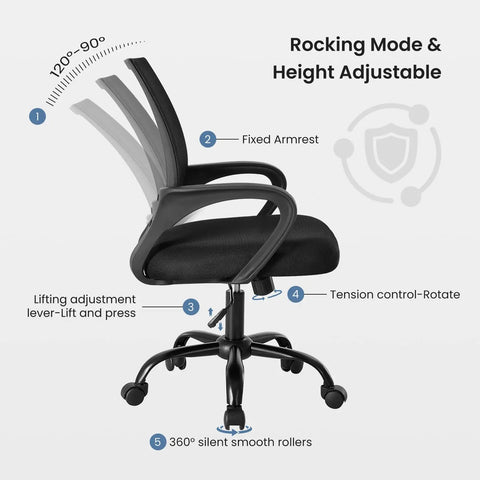 Side view of an Ergonomic Mid Back Mesh Office Chair With Lumbar Support All Day Comfort For Work From Home Height Adjustable Seat 360 Degree Swivel Rocking Mode Fixed Armrests Ideal For Computer Gaming Meetings Breathable Back Black showing rocking mode and height adjustment features.