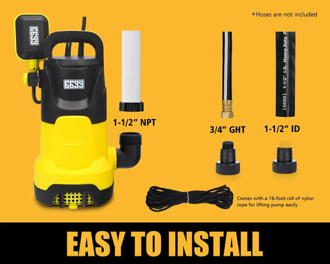 Beefy Submersible Sump Pump 1.5HP 4500 GPH High Flow With Adjustable Float Switch and installation parts shown