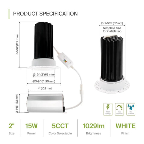 Diagram showing dimensions and specifications of Trimless 2 Inch LED Recessed Light Canless Dimmable Downlight 15W 120V White.