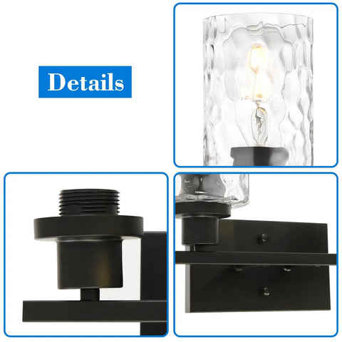 Close-up details of Two Light Matte Black Wall Sconce With Clear Hammered Glass for Modern Bathroom Vanity Wall Lamp