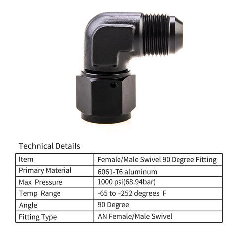 8AN Female To 8AN Male Flare 90 Degree Swivel Hose Fitting Adapter Aluminum Anodized Black AN8 To AN8 Three Quarter Inch UNF Thread 2 Pack For Fuel Oil Gas Water Air Lines black 90-degree aluminum fitting